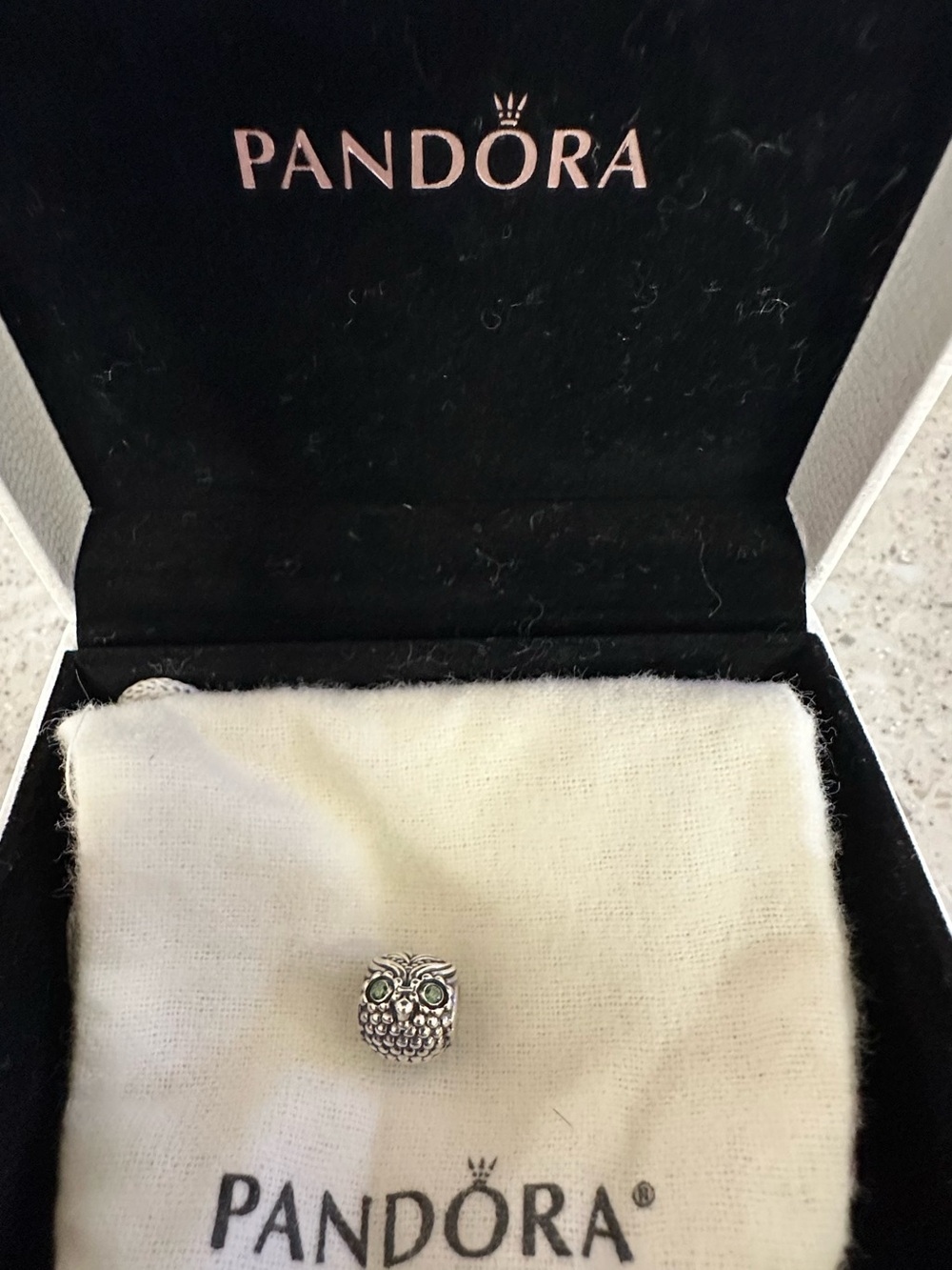 Pandora Silver Owl Charm with Green Eyes Accent